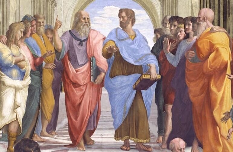 Рафаэль. Афинская школа. Фрагмент Платон показывает, что мир идей первичен, Аристотель показывает на землю: "Платон мне друг, на истина - дороже"