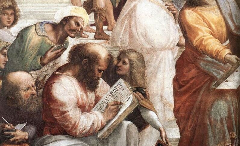 Боэций (крайний слева, подглядывающий в записи пишущего Пифагора) на фреске Рафаэля «Афинская школа»